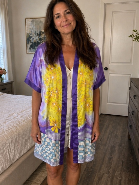 None Other - NWT Intimates Sleepwear Purple Yellow Floral Short Sleeve Satin Robe Jacket L